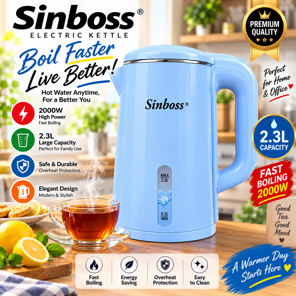 Sinboss SO-8862 High Quality Electric Kettle 2000W 2.3L Blue/Purple Rapid Boil Water Heater