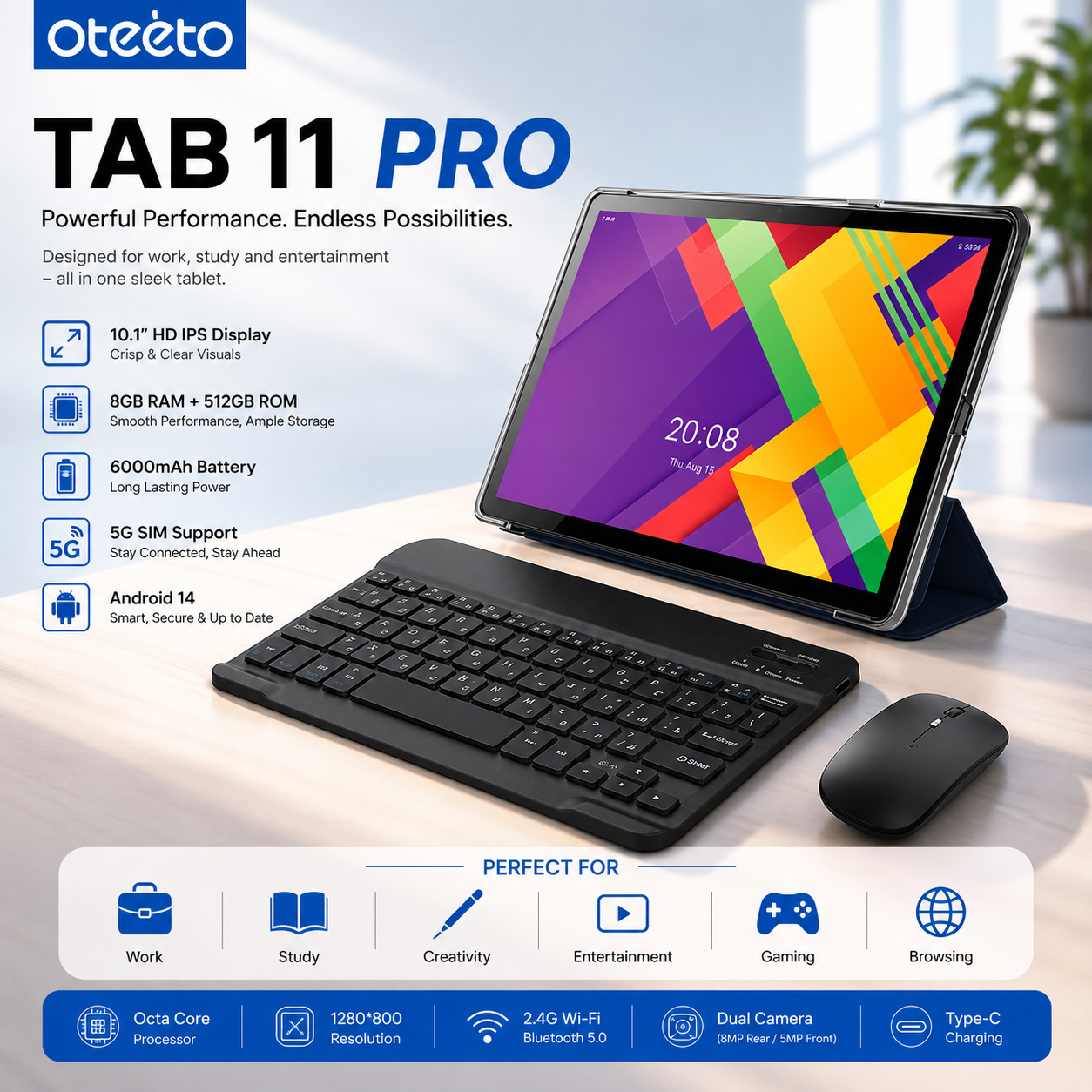 Oteeto Tab 11 Pro Stylus, 10.1-Inch Android 13 Tablet, 8GB RAM + 512GB Storage, 5G, with Keyboard and Stylus Pen