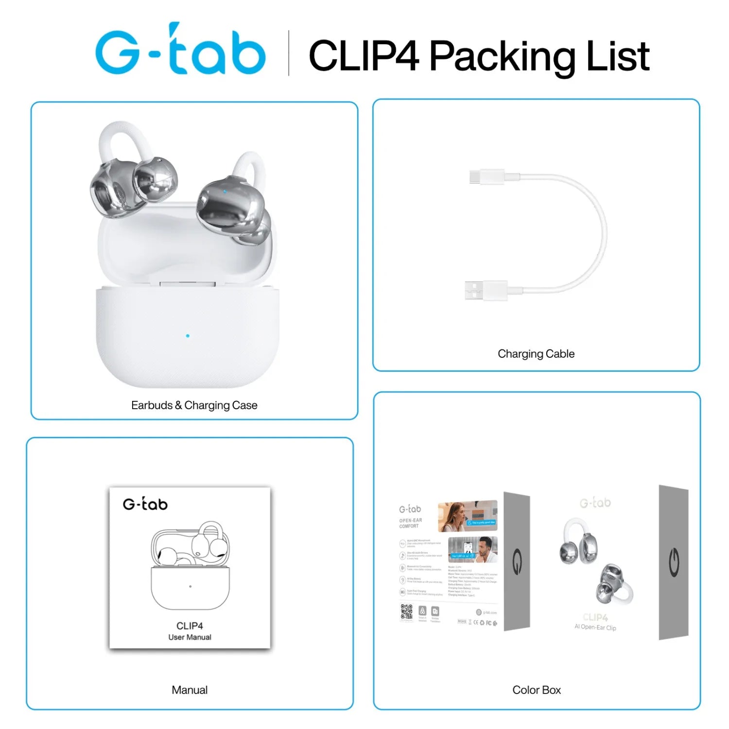 G-Tab CLIP4 Open-Ear Clip-On Earbuds, C-bridge design, Lightweight, 20H Battery, Fast Charge, ENC Noise Cancellation Touch control & AI Translation, iOS & Android