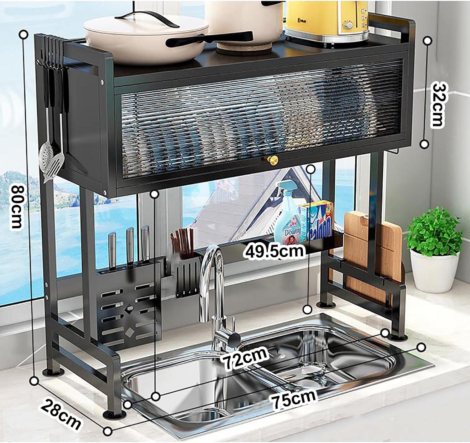 Kitchen Rack Over The Sink Dish Drying Rack, 3 Tier kitchen Drainer Drying Rack with Cover, Space Saving Large Stainless Steel Sink Dish Rack for Dishes, Bowls, Cutlery (75cm)