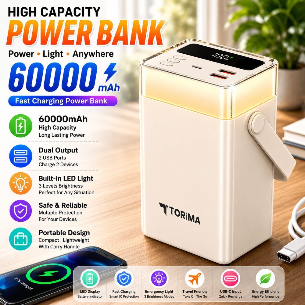 Torima TRM-1061 60000mAh Power Bank, 22.5W Fast Charging, Portable, USB-C & USB-A Outputs, LED Digital Display, High-Capacity Battery & Universal Device Compatibility, White | TRM-1061