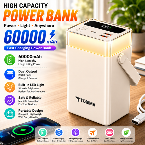 Torima TRM-1061 60000mAh Power Bank, 22.5W Fast Charging, Portable, USB-C & USB-A Outputs, LED Digital Display, High-Capacity Battery & Universal Device Compatibility, White | TRM-1061