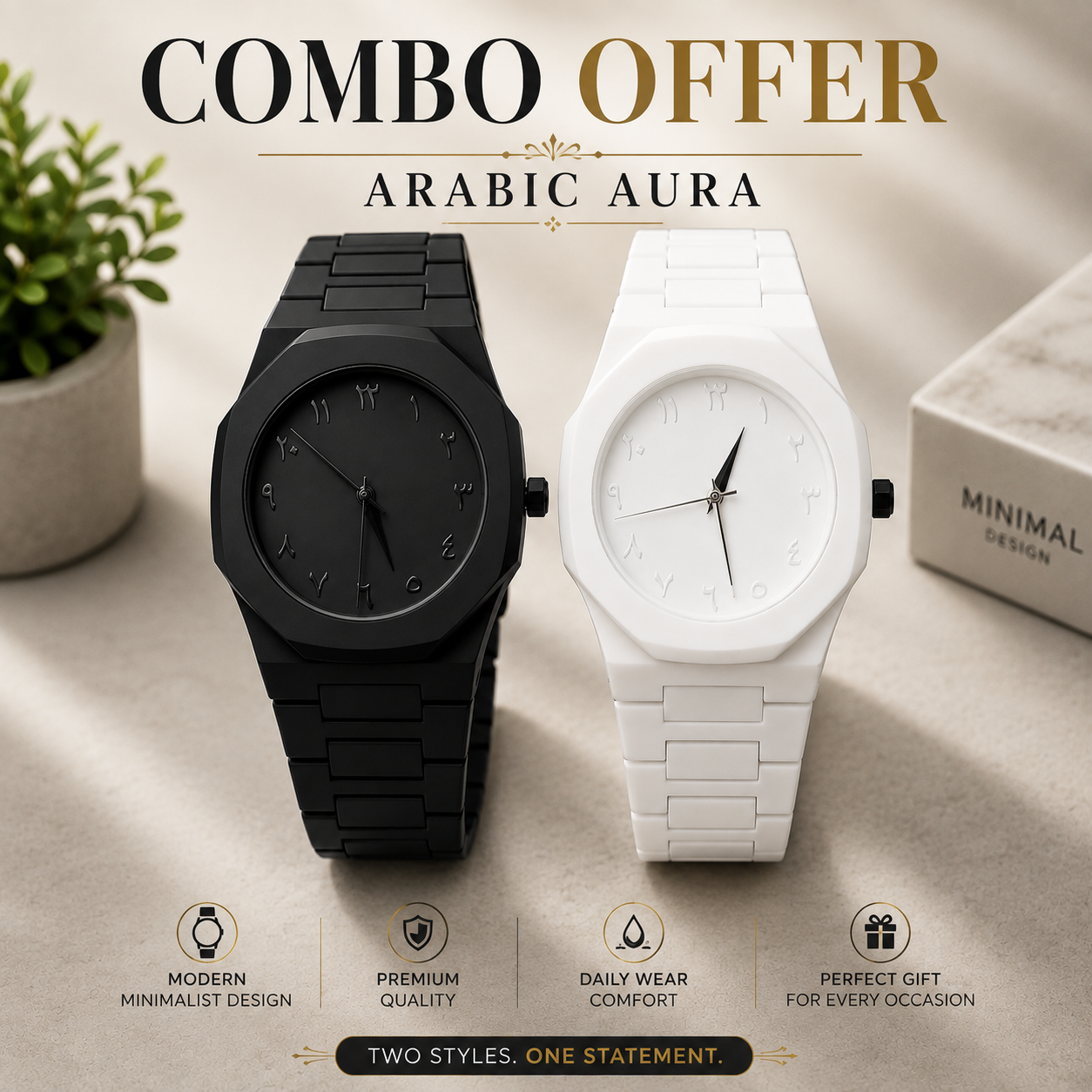 Combo Offer | Arabic Aura Premium Arabic Numeral Couple Watch Set – Black & White | Unisex Quartz Wrist Watches