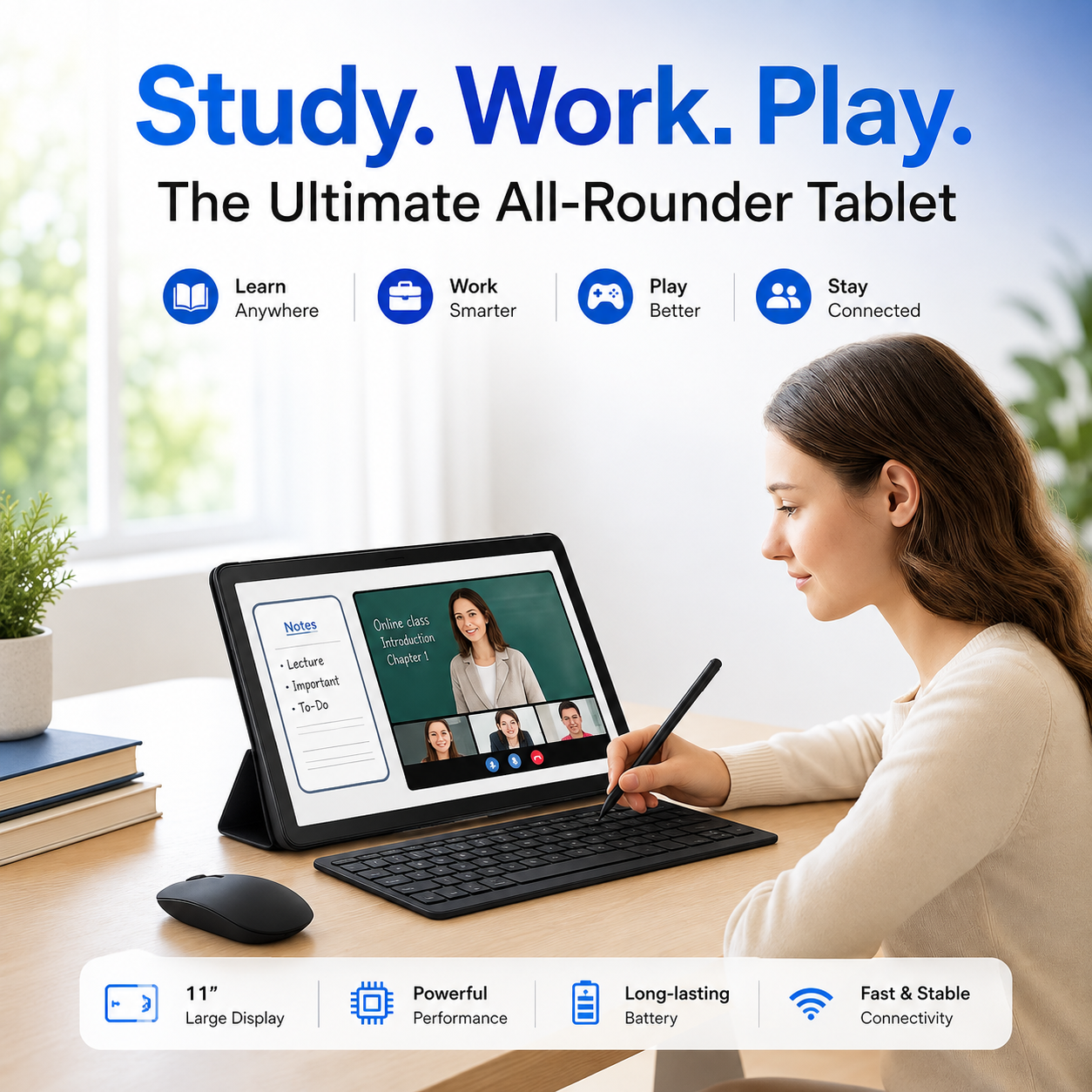 Oteeto TAB14 Pro | Android 15 & 11.0" INCELL 1280x800 Display | 12GB RAM + 512GB ROM | 5G Wi-Fi & 8000mAh Battery | 8.0MP Front + 13.0MP Rear Camera | Include Keyboard & Mouse