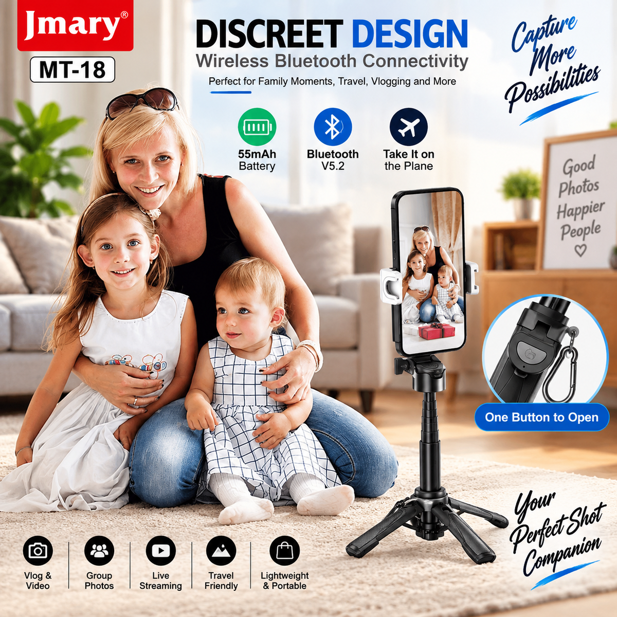 Jmary MT-18 Multifunctional Selfie Stick Tripod with Bluetooth Remote