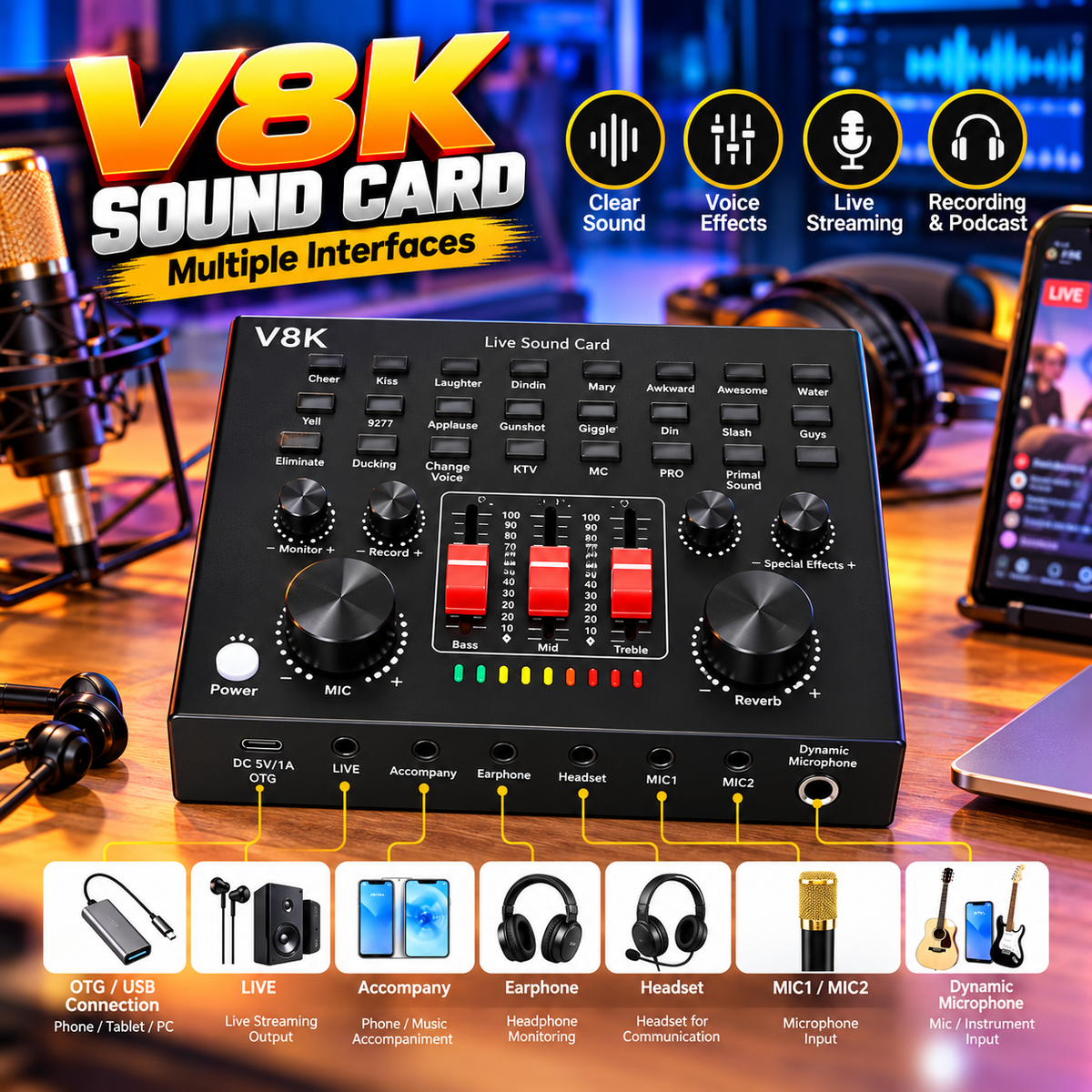 V8K Live Sound Card, BM800 Condenser Microphone Kit, Professional Audio Interface with High Fidelity Sound, USB Connection, and Multiple Input/output Options for Live Streaming