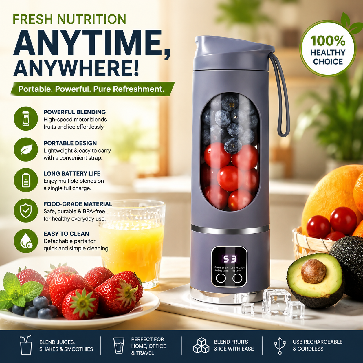 HS-860 10 Blades Portable Fruit Juicer 450ml Capacity 3 Gears USB Rechargeable Blender Ice
