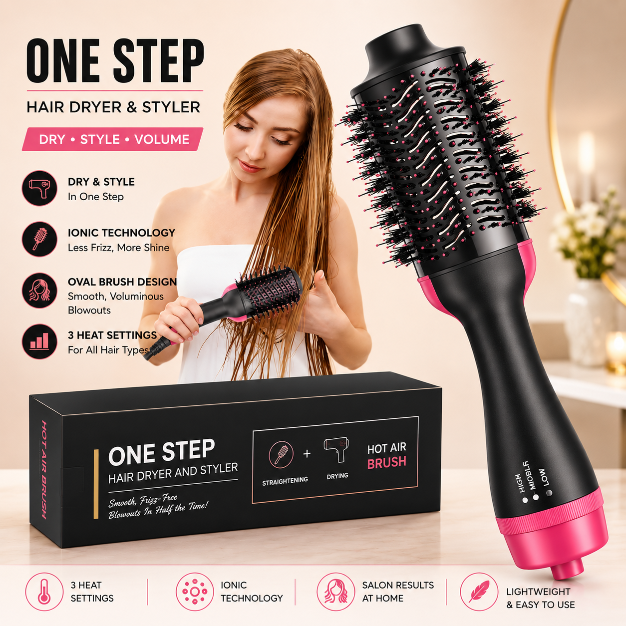 One Step Hot Air Brush – Hair Dryer & Styler | Dry, Straighten & Volumize