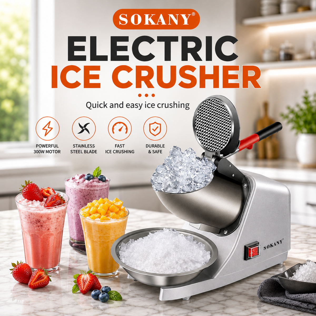 Electric Ice Crusher Machine Electric Shaved Ice Machine Smoothie Machine for Home and Commercial Use 300W SK-777 Silver