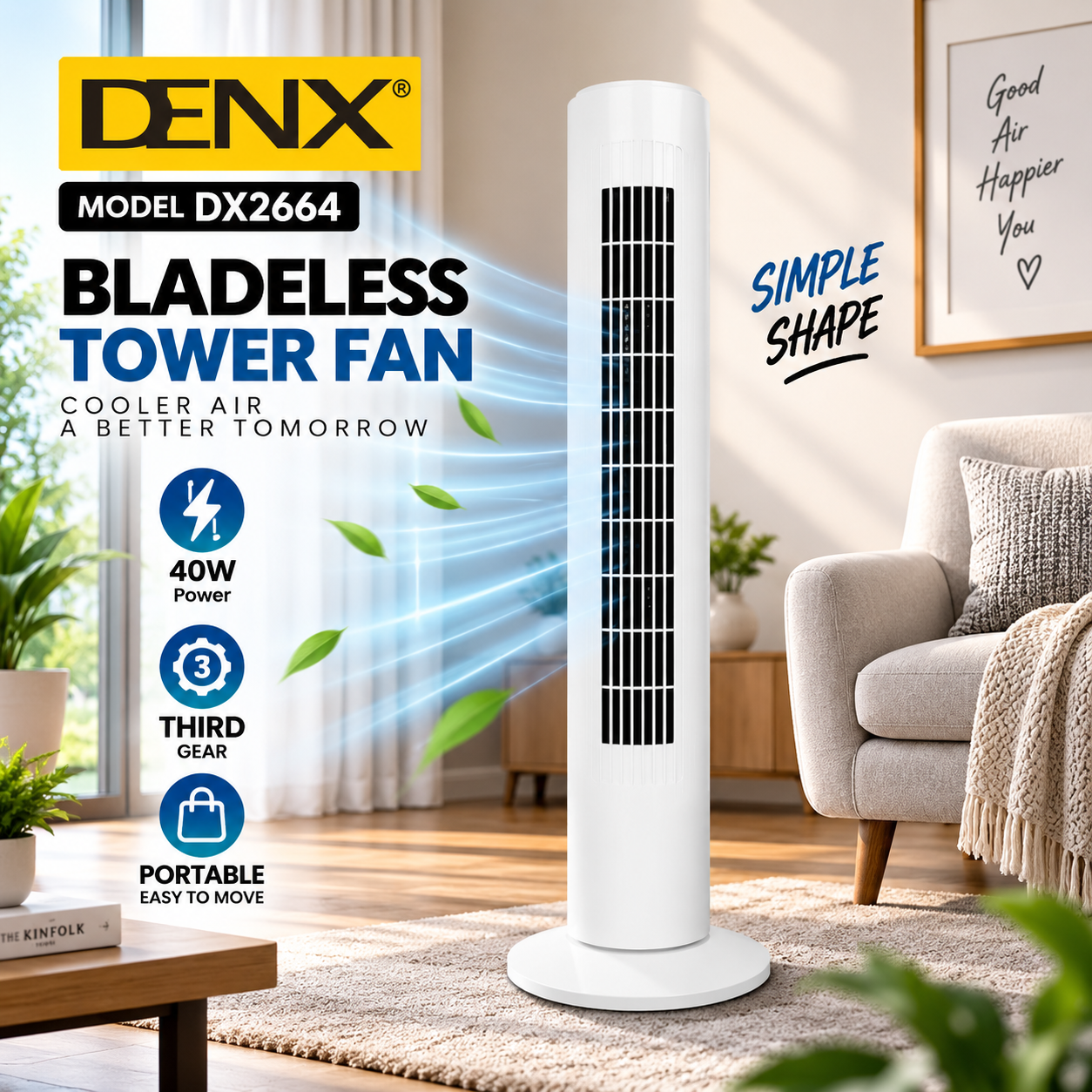 Denx DX2664 Bladeless Tower Fan, 40W, 3 Speed Levels, Wide Oscillation, Portable Design, Safe for All Ages, 220-240V, Energy Saving