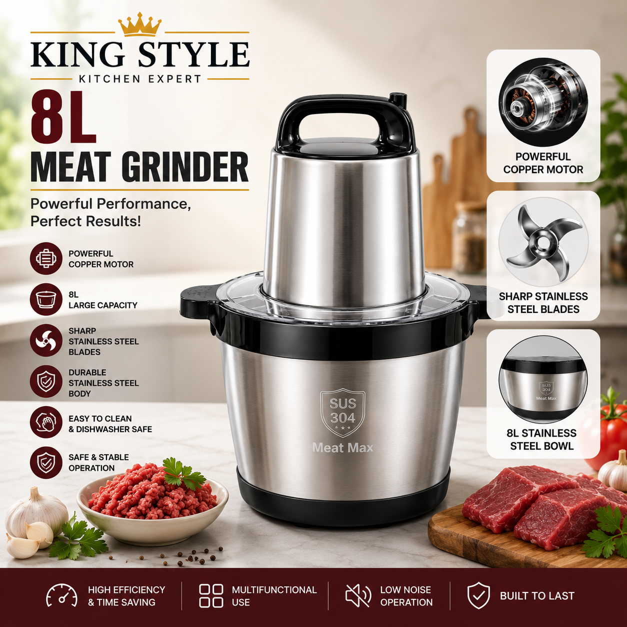 King Style 8L TDL-G02 Commercial Electric Food Chopper | 100% Copper Motor | Stainless Steel Bowl | 8L Large Capacity