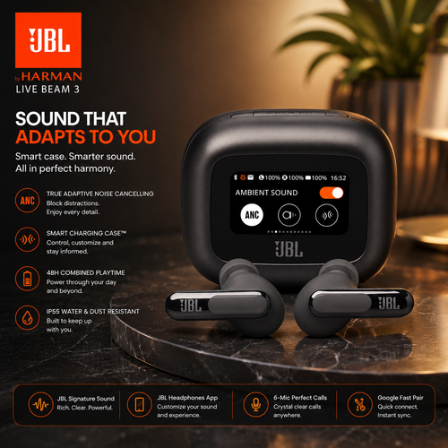 JBL Live Beam 3 True wireless noise-cancelling earbuds with stick-closed design and Smart Charging Case, Black