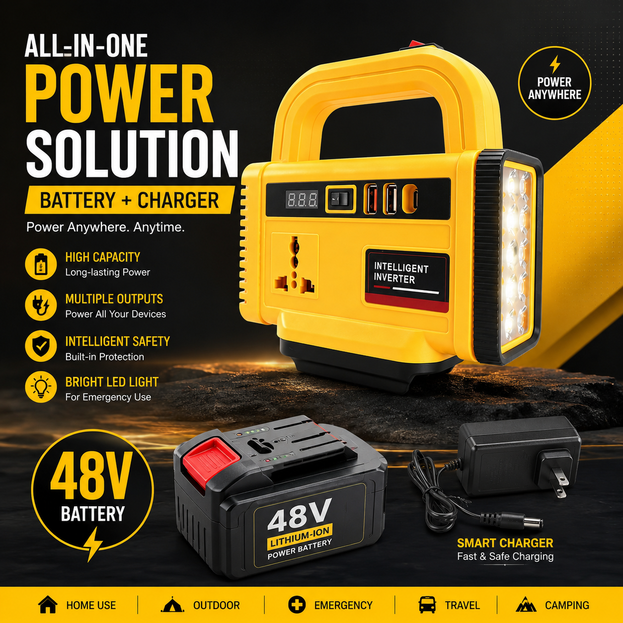 Yellow | 48V Portable Power Station with Battery & Charger – Intelligent Inverter & LED Light