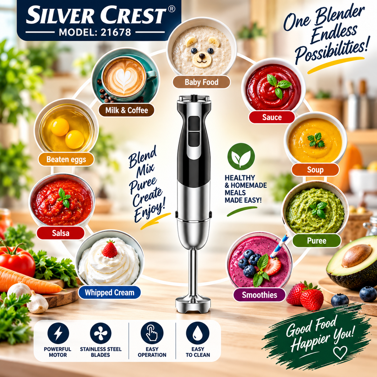 Silver Crest 21678 Hand Blender – Stainless Steel Immersion Blender | Kitchen Gadgets Portable | Powerful Handheld Mixer Blender Stick for Shakes Soup Puree Meat Jams Garlic Tomato