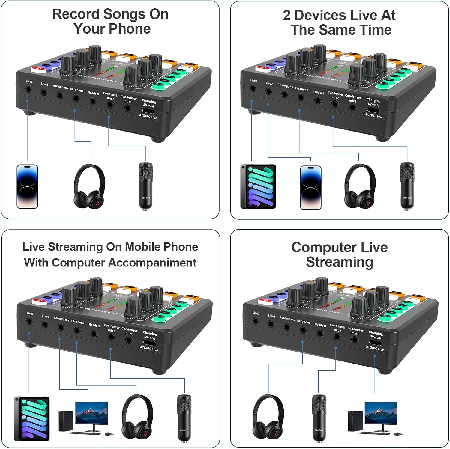 M8 Soundcard with BM800 Microphone Full Set – Professional Studio Equipment with Mic Arm,Bluetooth for Podcast,Streaming,Singing,PC