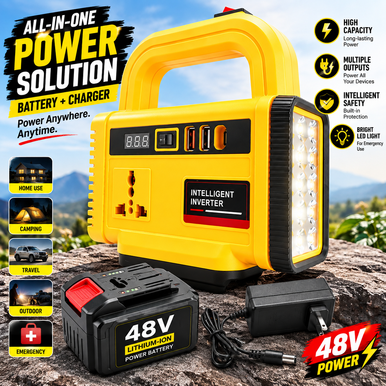 Yellow | 48V Portable Power Station with Battery & Charger – Intelligent Inverter & LED Light