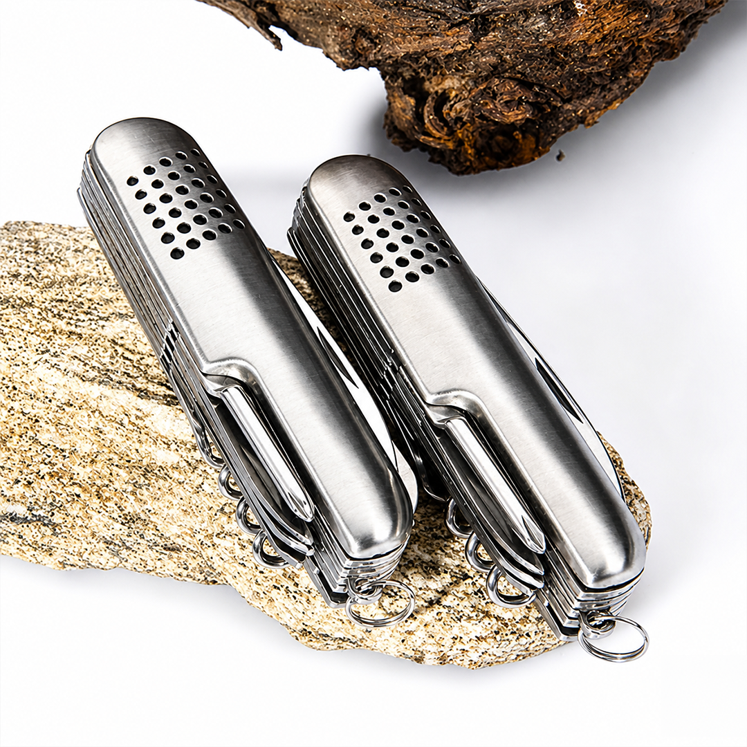 Multifunctional Knife with 11 Stainless Steel Tools for Hunting, Fishing, Camping Etc Small Pocket Folding Keychain Knife with Functions for Experiences and Adventures (Metal)