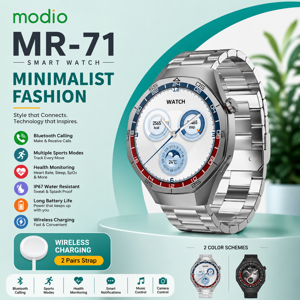 MODIO MR-71 Smart Watch – AMOLED Display, Bluetooth Calling, Wireless Charging & 2 Premium Straps