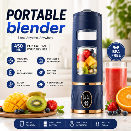 Portable HP-870 Smoothie Blender, 450ML Cordless Juicer Blender For Shakes and Smoothies,12 Blades, USB-C Rechargeable,Leakproof Flip and sip, Travel Blender