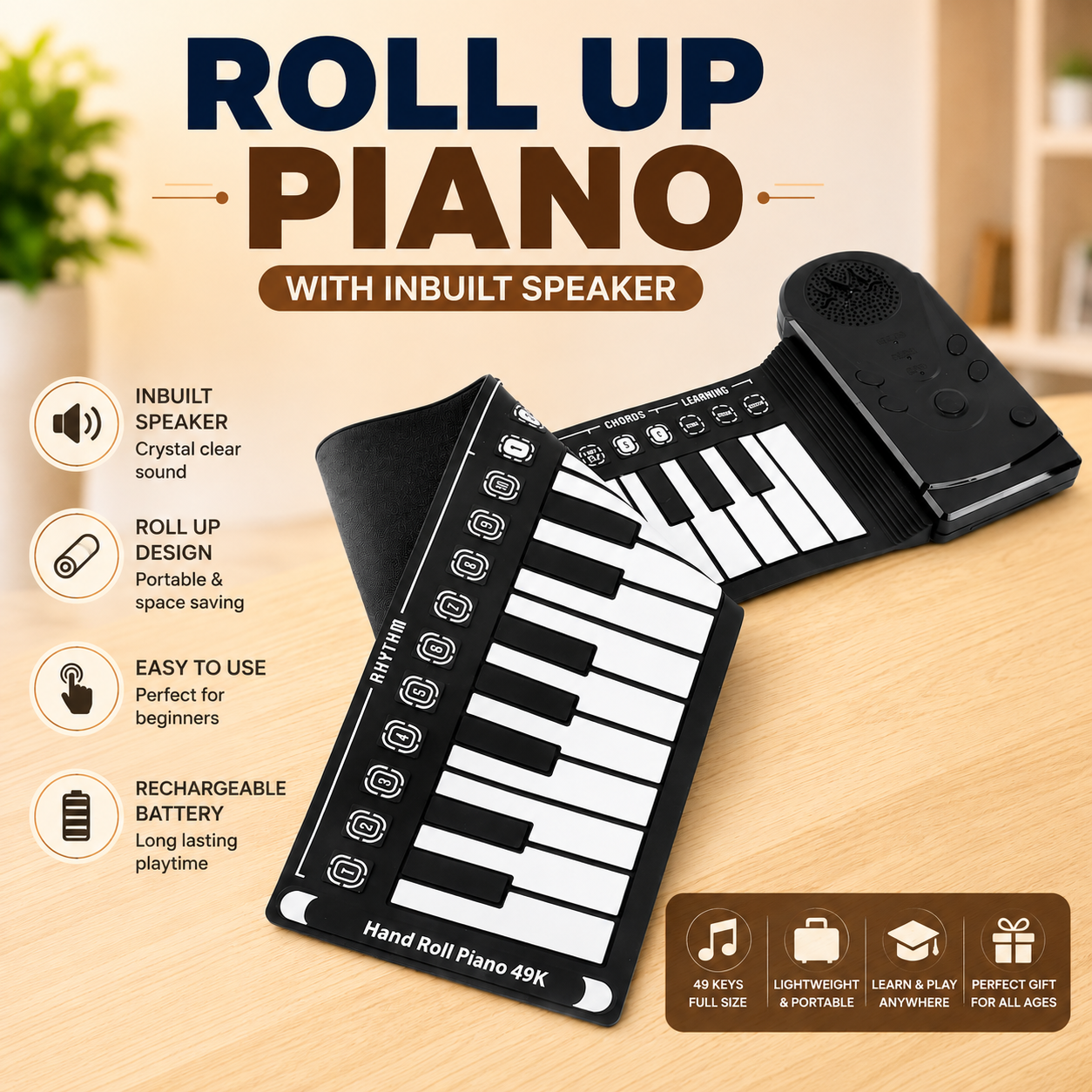 Hand Roll Piano 49 Key Portable Foldable Electric Keyboard Piano with Speaker for Beginners Musical Instrument