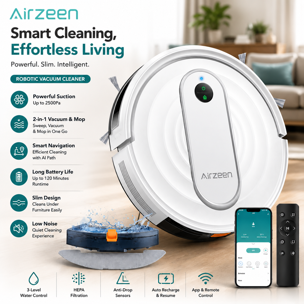 Airzeen Smart Robot Vacuum Cleaner & Mop | 2-in-1 Robotic Vacuum | App & Remote Control | Auto Recharge | Powerful Suction
