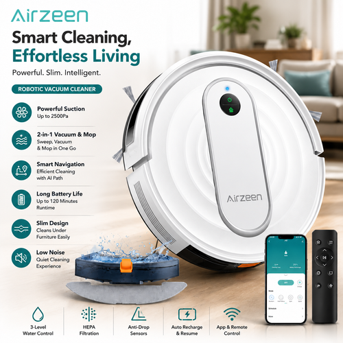 Airzeen Smart Robot Vacuum Cleaner & Mop | 2-in-1 Robotic Vacuum | App & Remote Control | Auto Recharge | Powerful Suction