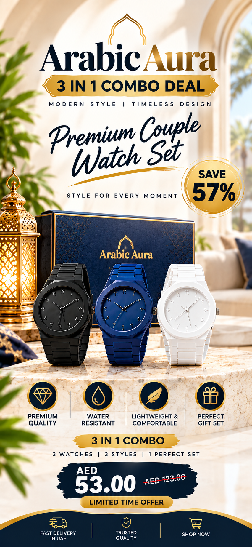 3 In 1 Combo  Offer | Arabic Aura Premium Arabic Numeral Couple Watch Set -| Unisex Quartz Wrist Watches