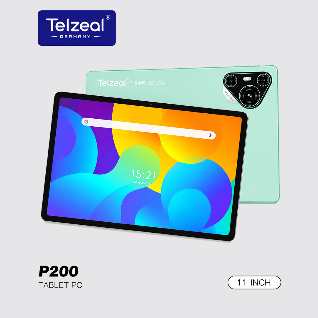 Telzeal P200 Tablet Green | 11-Inch In-Cell Display | 12GB RAM + 128GB ROM | 10,000mAh | Dual SIM | Android 13 | Leather Case, Wireless Keyboard & Mouse