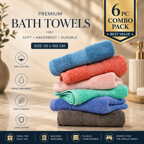 Premium Soft Hand Towels - 100% Cotton Bath Hand Towel Set, Lightweight for Quick Dry (6PC Pack, 50 x 100CM )