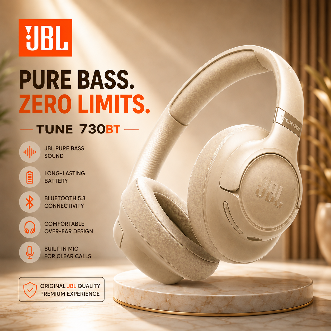 JBL Tune 730BT Wireless Over-Ear Bluetooth Headphones with Pure Bass Sound, 76H Battery Life, Dual Beamforming Mics, Multi-Point Bluetooth 6.0, Foldable & Comfortable