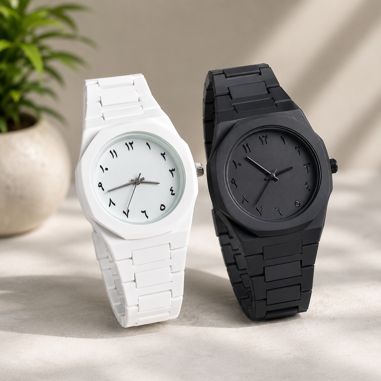 Combo Offer | Arabic Aura Premium Arabic Numeral Couple Watch Set – Black & White | Unisex Quartz Wrist Watches