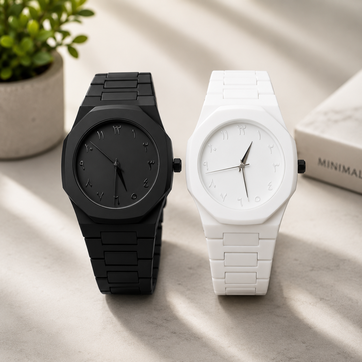 Combo Offer | Arabic Aura Premium Arabic Numeral Couple Watch Set – Black & White | Unisex Quartz Wrist Watches