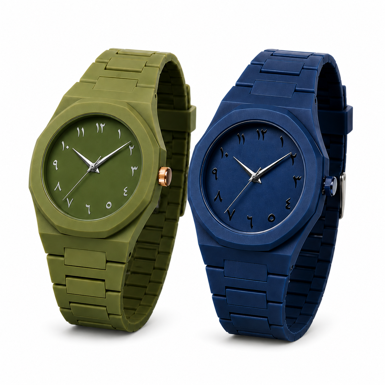 Combo Offer | Arabic Aura Premium Arabic Numeral Couple Watch Set – Green & Blue | Unisex Quartz Wrist Watches
