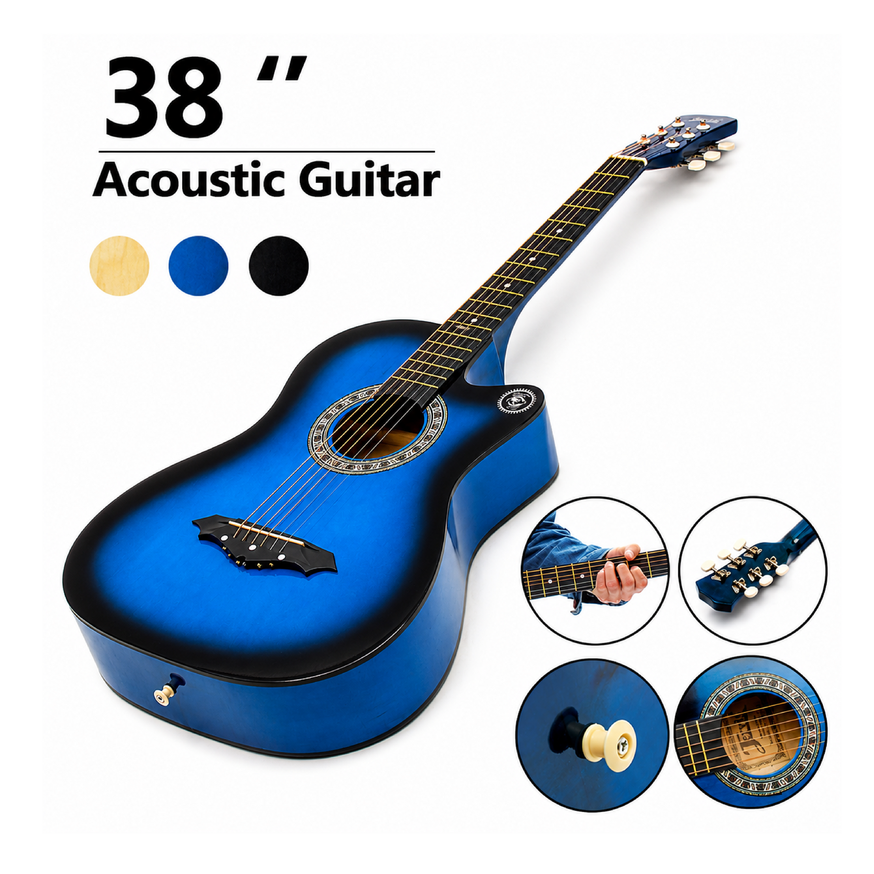 Chord 38 inch Acoustic Guitar with bag and strap and and Picks(38 inch glossy, Blue)