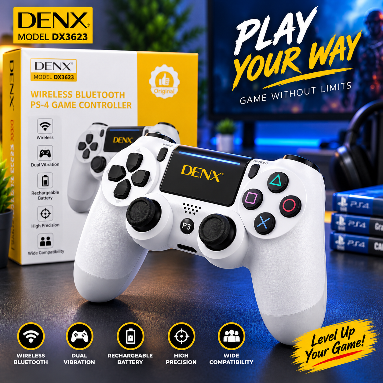 DENX Wireless PlayStation Controller | Model DX3623 PS4 Compatible