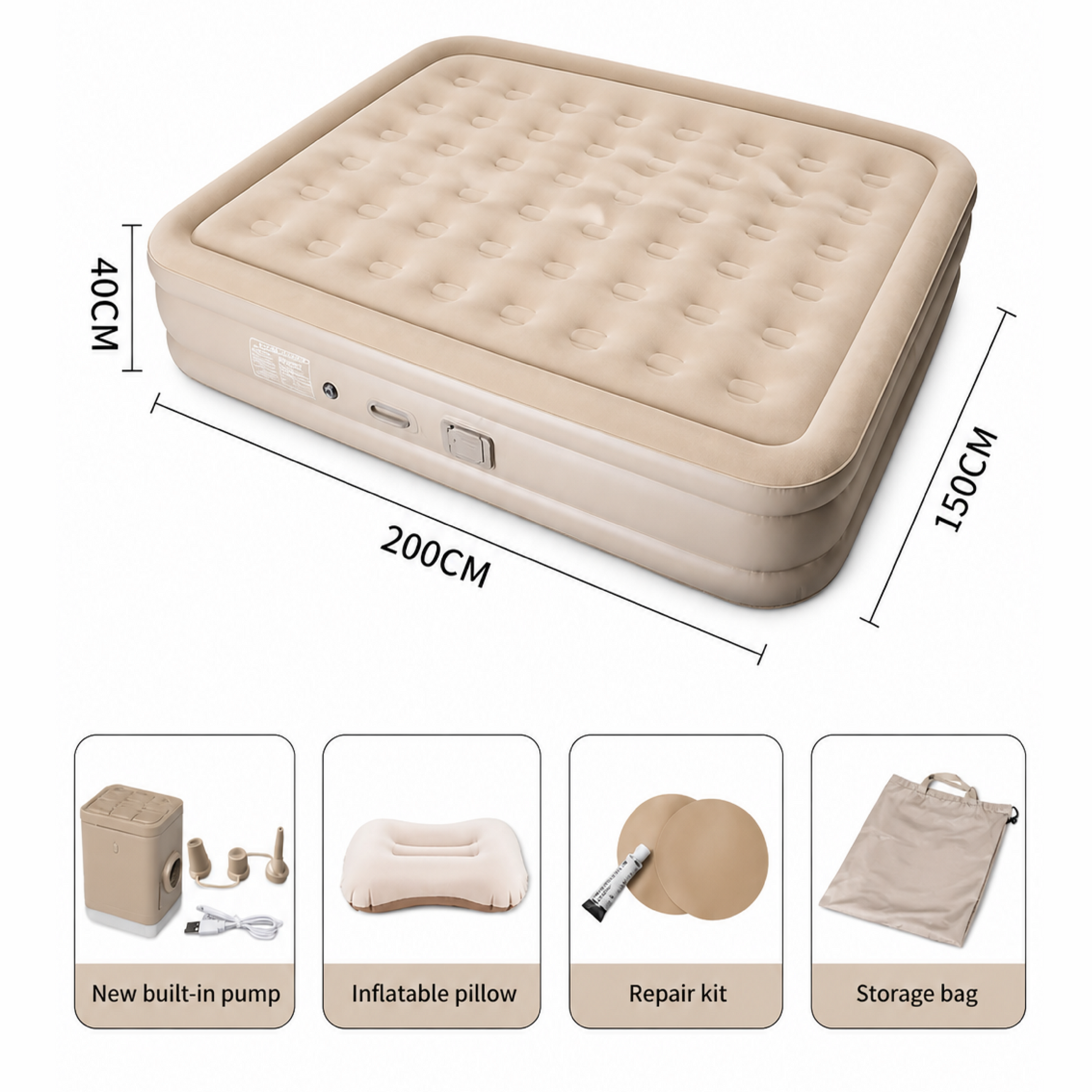 Double Size Inflatable Air Mattress With 2 Air Pillows Durable Camping Bed with Built in Rechargeable Air Pump Self Inflation One Button Inflate and Deflate for Home, Outdoor 200x40x150cm