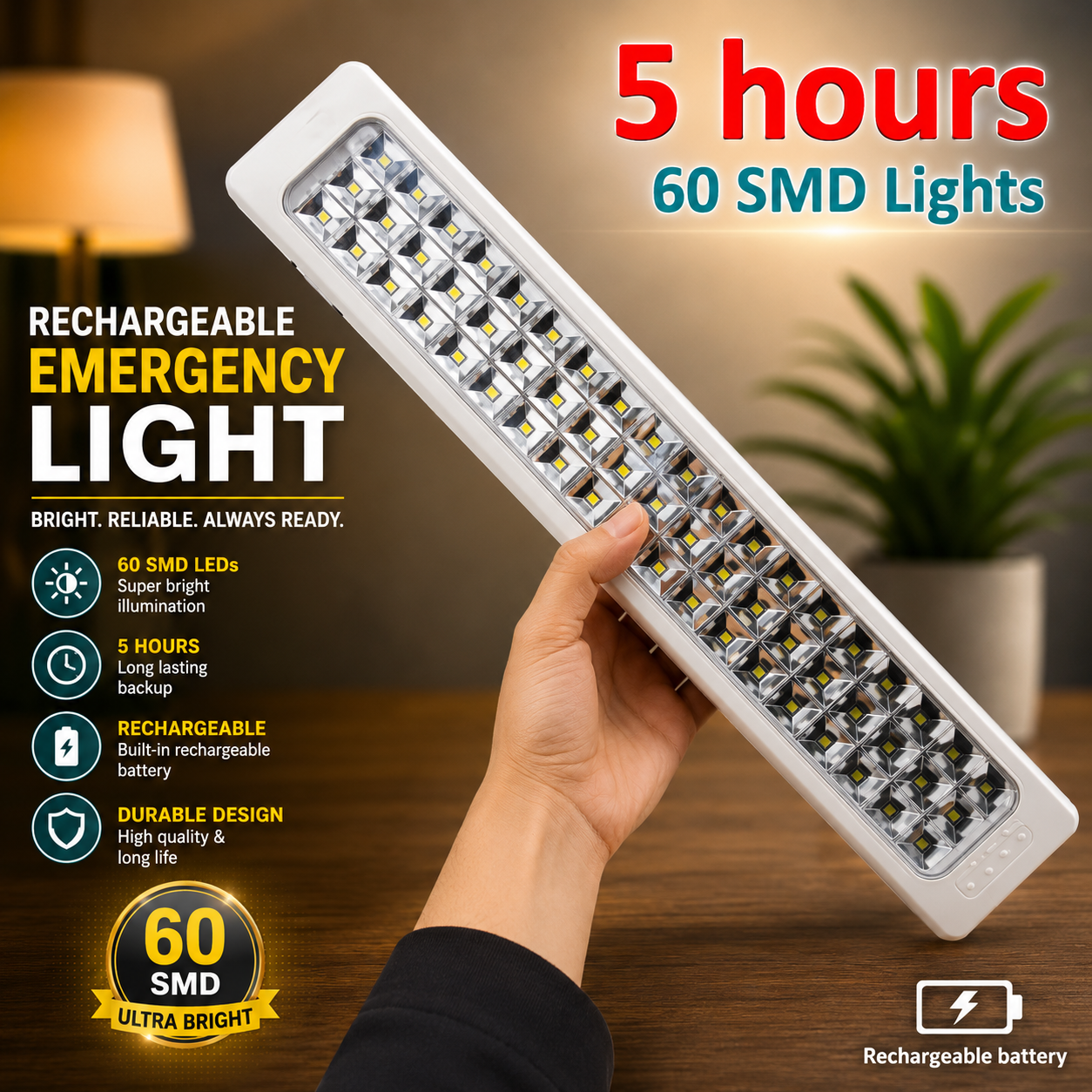 60 SMD Rechargeable LED Emergency Light – 5 Hours Backup, High Brightness, Portable Emergency Lamp
