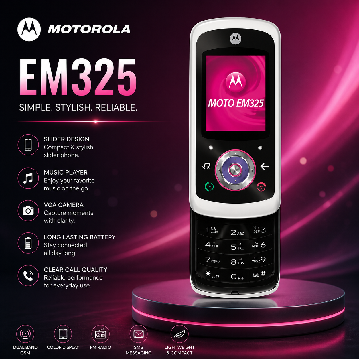 Vintage | Motorola EM325 Slider Mobile Phone | GSM Unlocked | Music Phone | FM Radio | Bluetooth | Classic Motorola