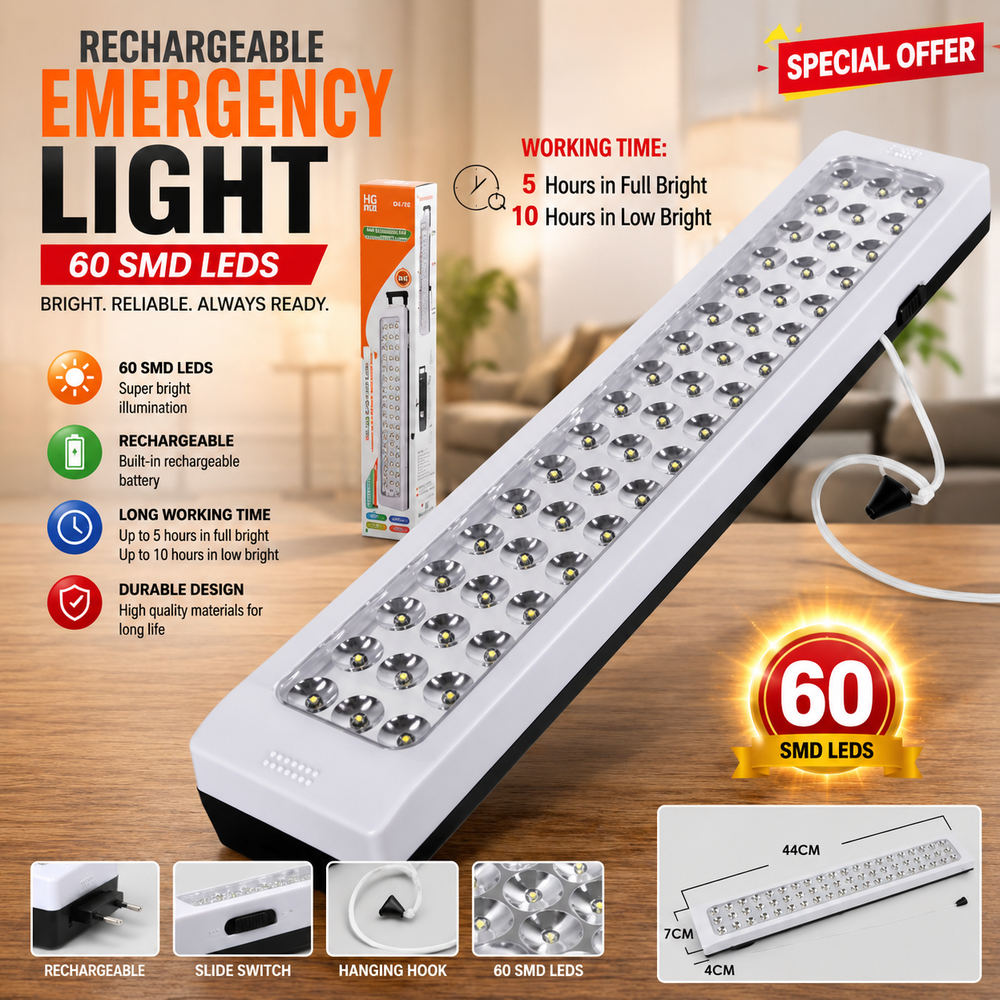 60 SMD Rechargeable LED Emergency Light – 5 Hours Backup, High Brightness, Portable Emergency Lamp