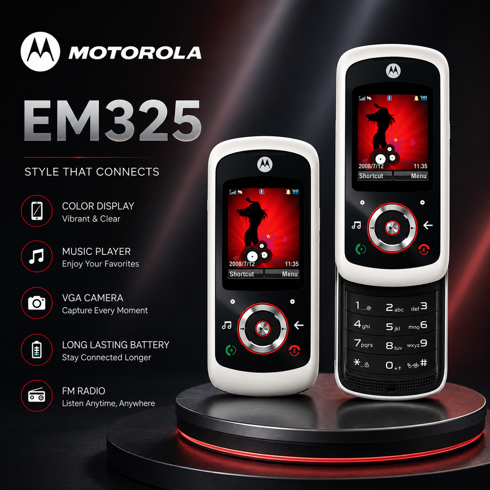 Vintage | Motorola EM325 Slider Mobile Phone | GSM Unlocked | Music Phone | FM Radio | Bluetooth | Classic Motorola