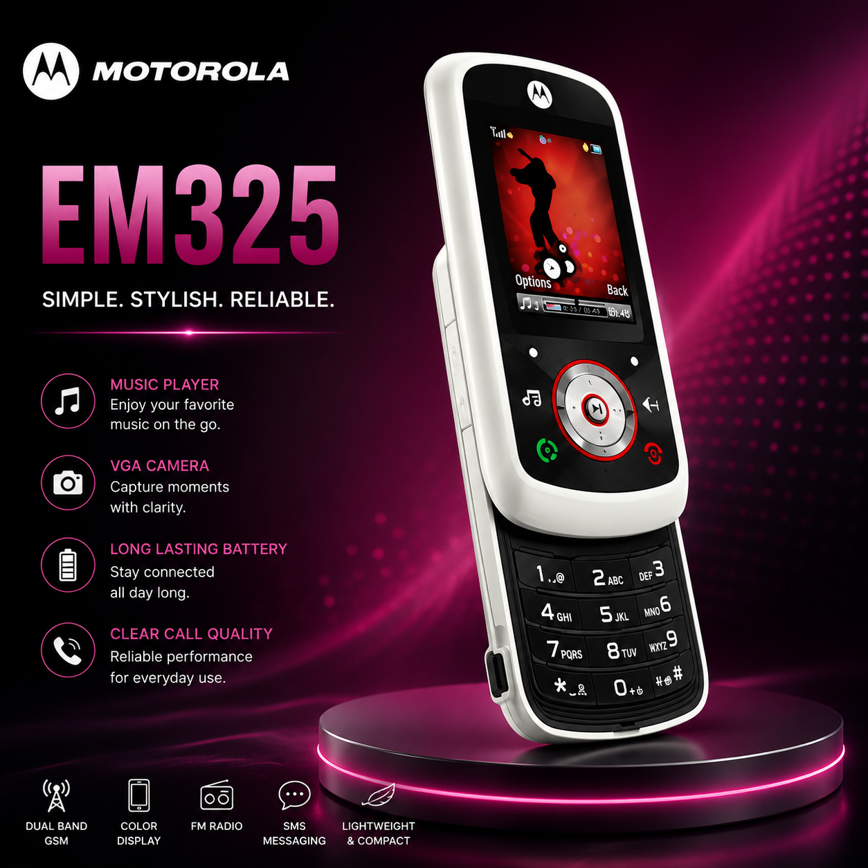 Vintage | Motorola EM325 Slider Mobile Phone | GSM Unlocked | Music Phone | FM Radio | Bluetooth | Classic Motorola