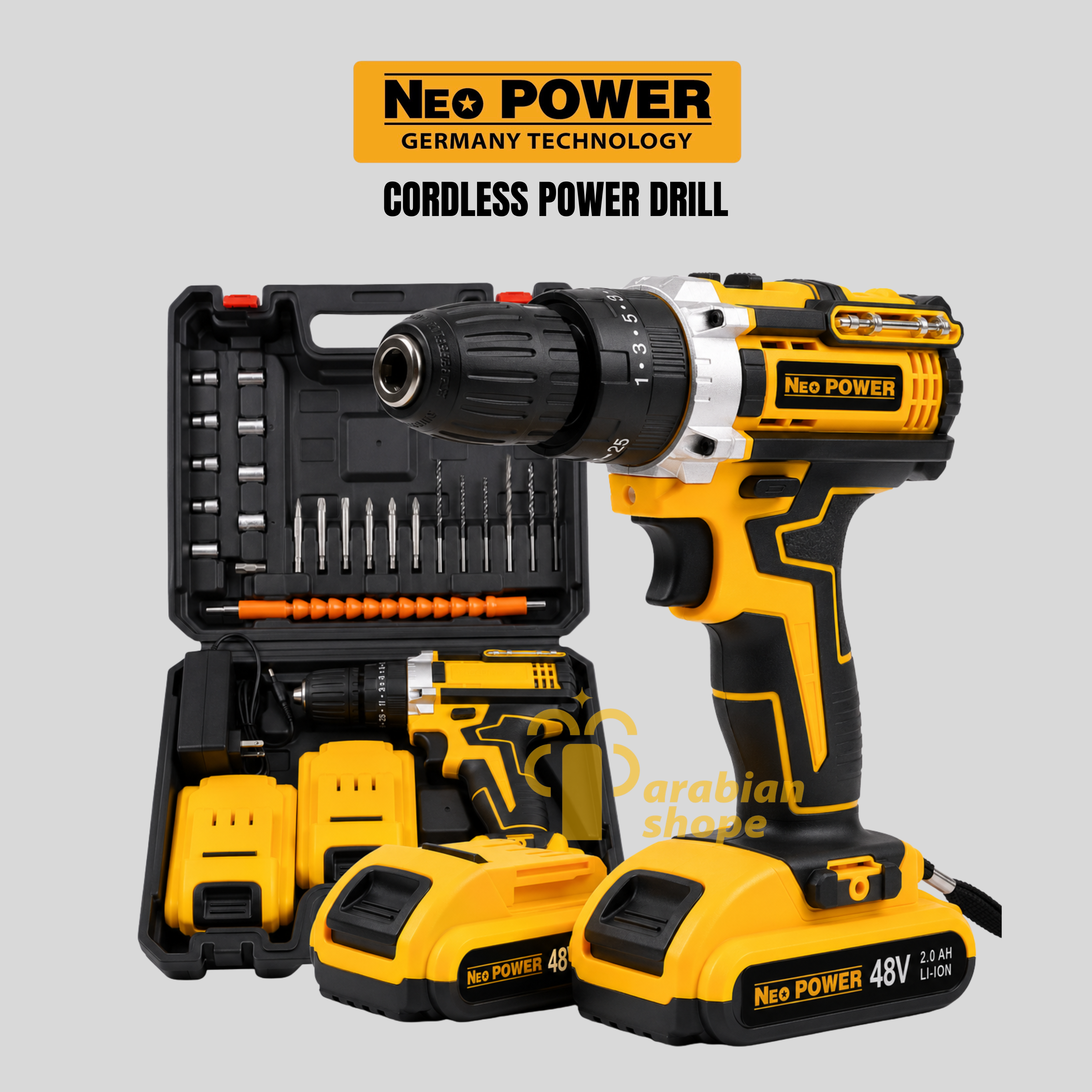 Neo Power 48V Cordless Power Drill Set – 2 Batteries, Charger & 28-Piece Tool Kit | Germany Technology