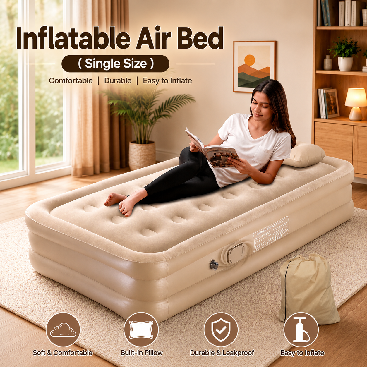 Inflatable Airbed – Single Size | Built-in Pillow | 198 × 100 × 40 cm | Comfortable Portable Air Mattress