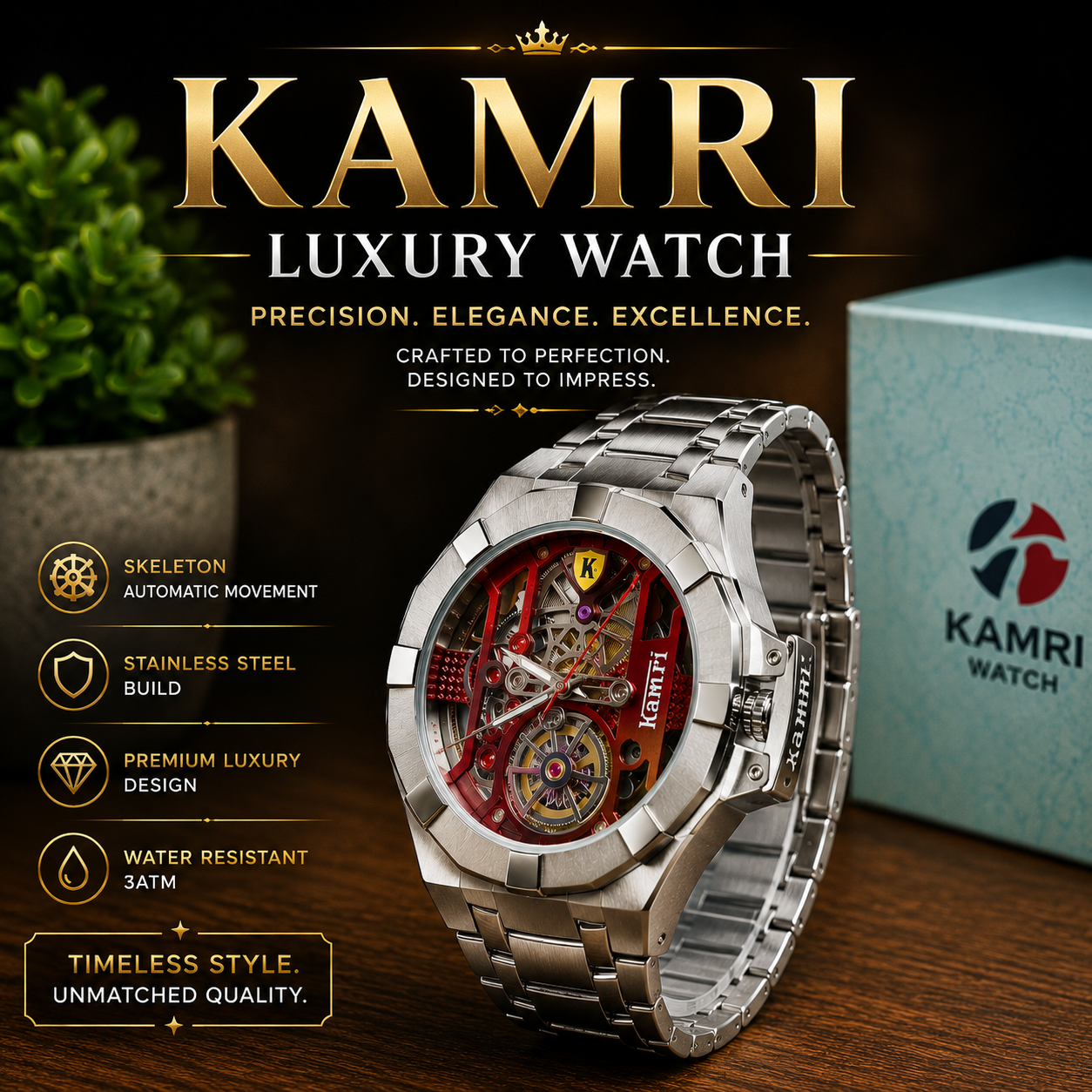 KAMRI Luxury Skeleton Men's Mechanical Watch – Stainless Steel Waterproof Wristwatch