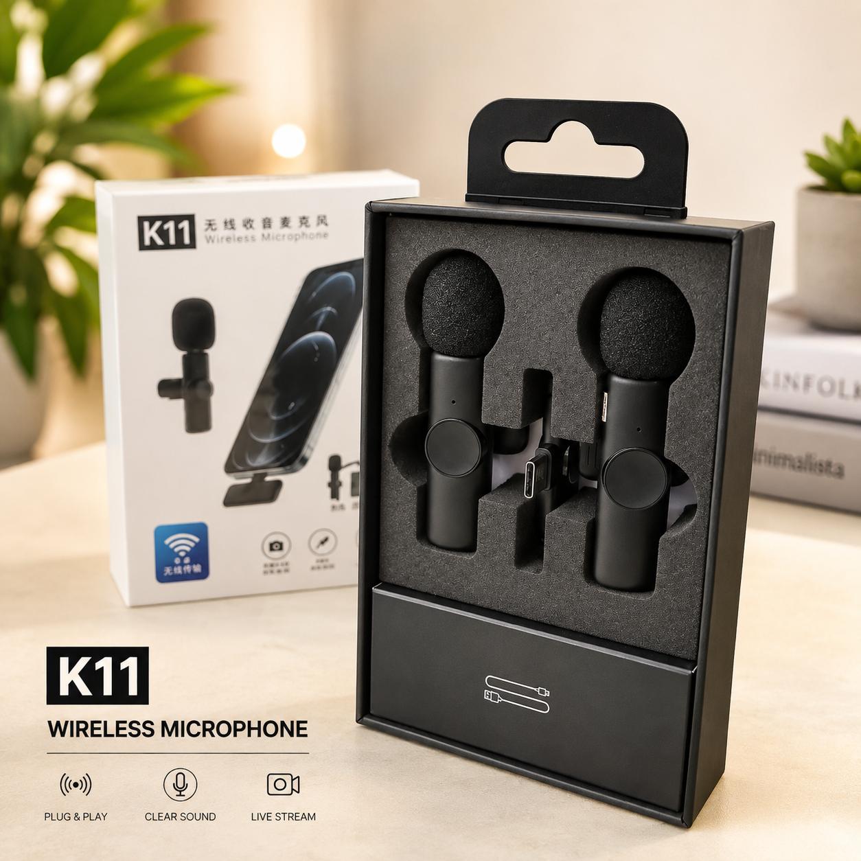 K11 Wireless Vlogging Microphone – Dual Mic with Noise Reduction & Plug & Play ( C-Type Connector)