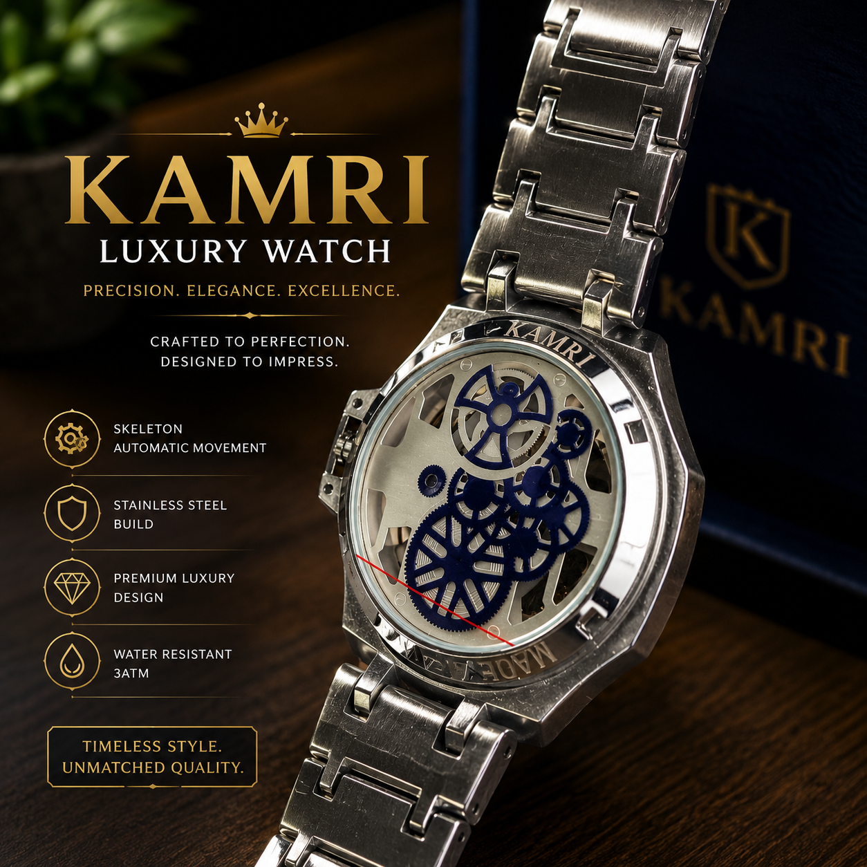 KAMRI Luxury Skeleton Men's Mechanical Watch – Stainless Steel Waterproof Wristwatch