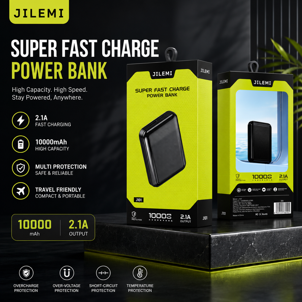 JILEMI 10000mAh Fast Charging Power Bank | 2.1A Portable USB Battery Pack | Compact & Lightweight