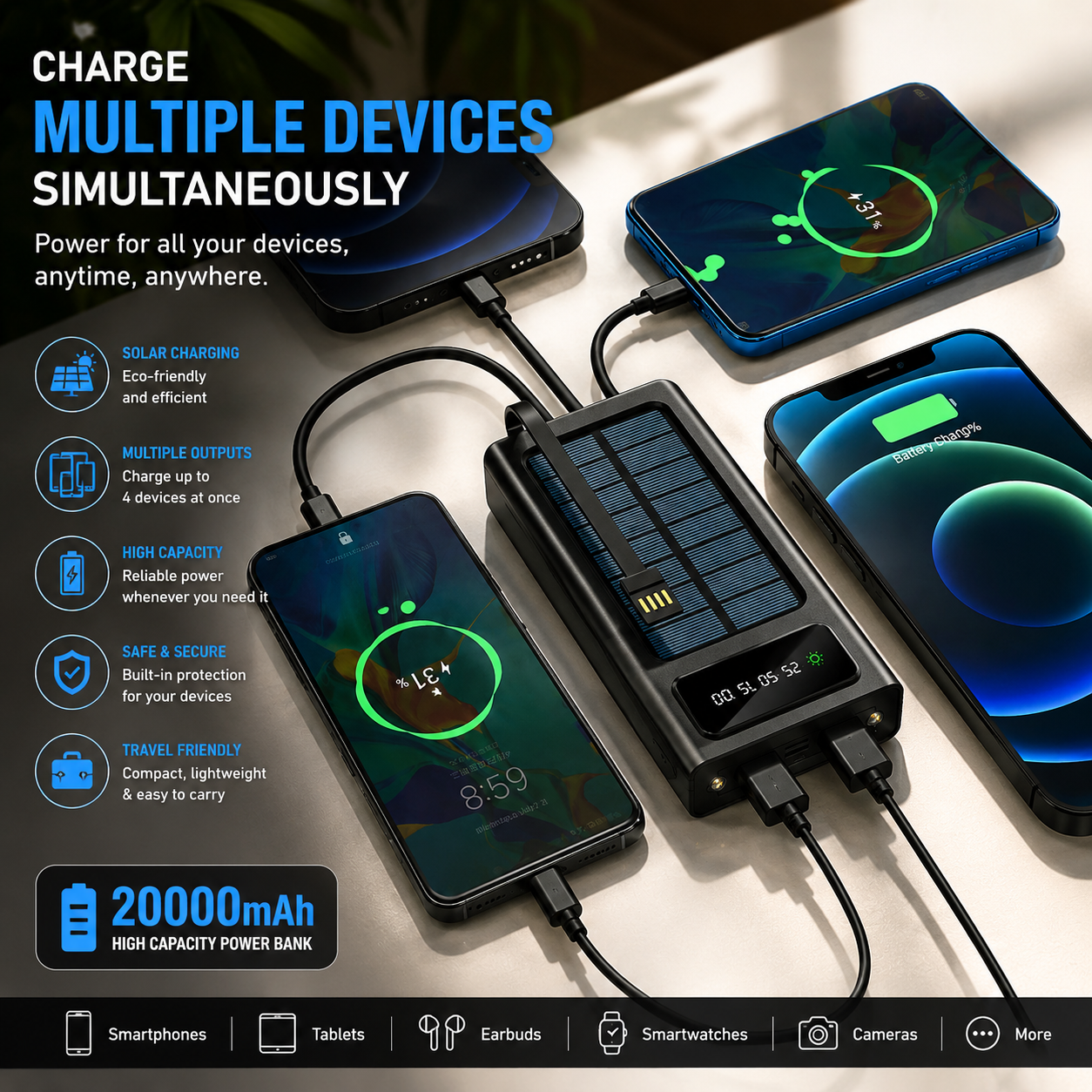 Lovesn 20000mAh Solar Power Bank with Built-in 4 Charging Cables, LED Display & Fast Charging – Portable Outdoor Battery Pack