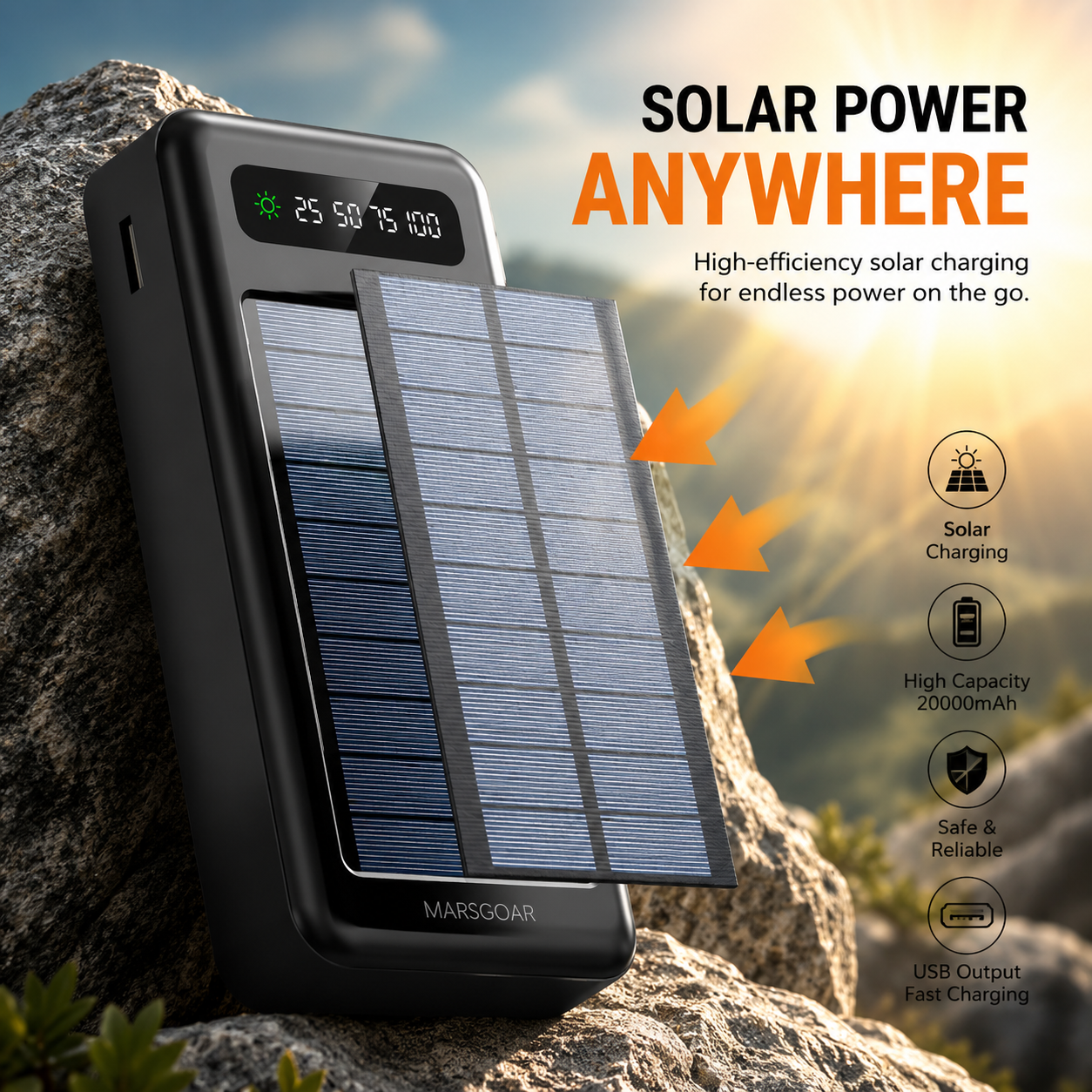 Lovesn 20000mAh Solar Power Bank with Built-in 4 Charging Cables, LED Display & Fast Charging – Portable Outdoor Battery Pack