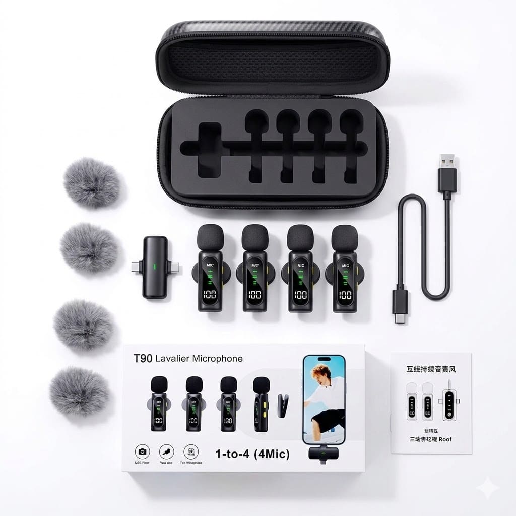 T-90 4-in-1 Wireless Microphone – 4 Mics, Noise Reduction & Magnetic Clip ,Lavalier Microphone Digital  Display Noise Cancelling